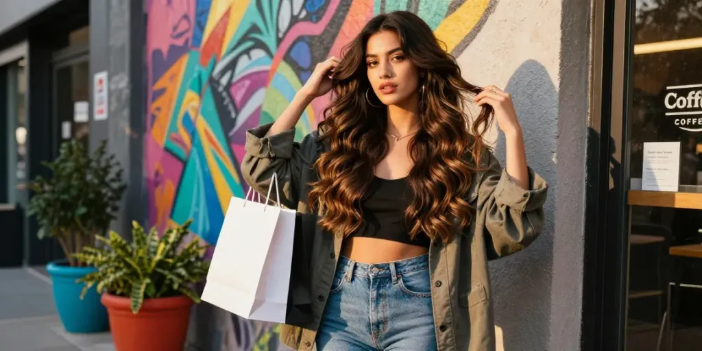 Stylish woman demonstrating clip in hair extensions in an urban setting with vibrant street art.