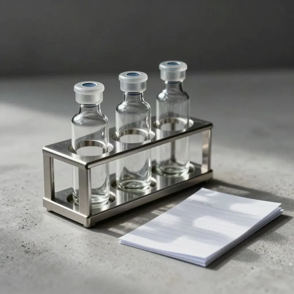 Stainless sample rack with capped vials and folded memo sleeve on pale concrete