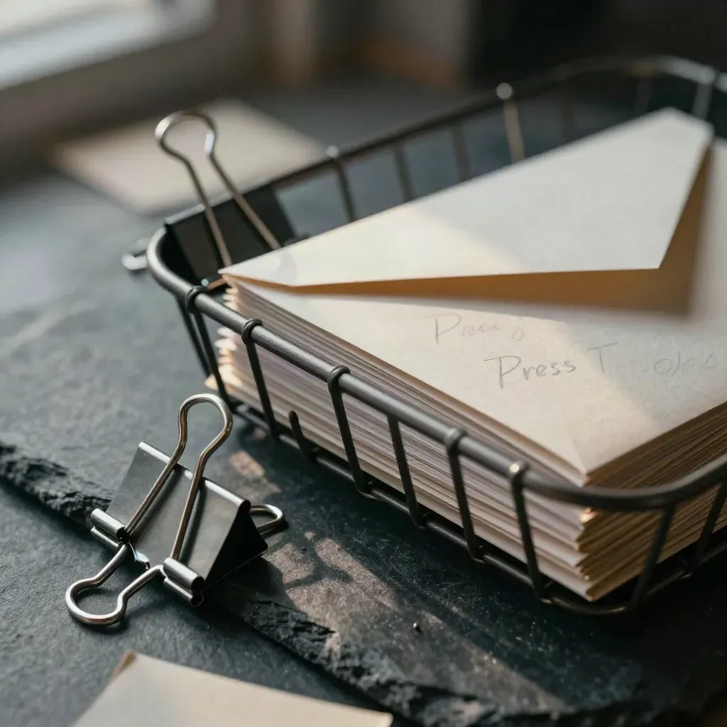 Macro still life of a wire inbox basket, binder clips, and a clipping envelope on dark stone.