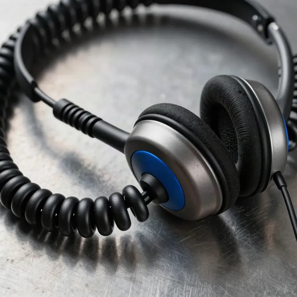 Broadcast headset coil, microphone clip, and cable ties on brushed metal with an electric-blue accent.