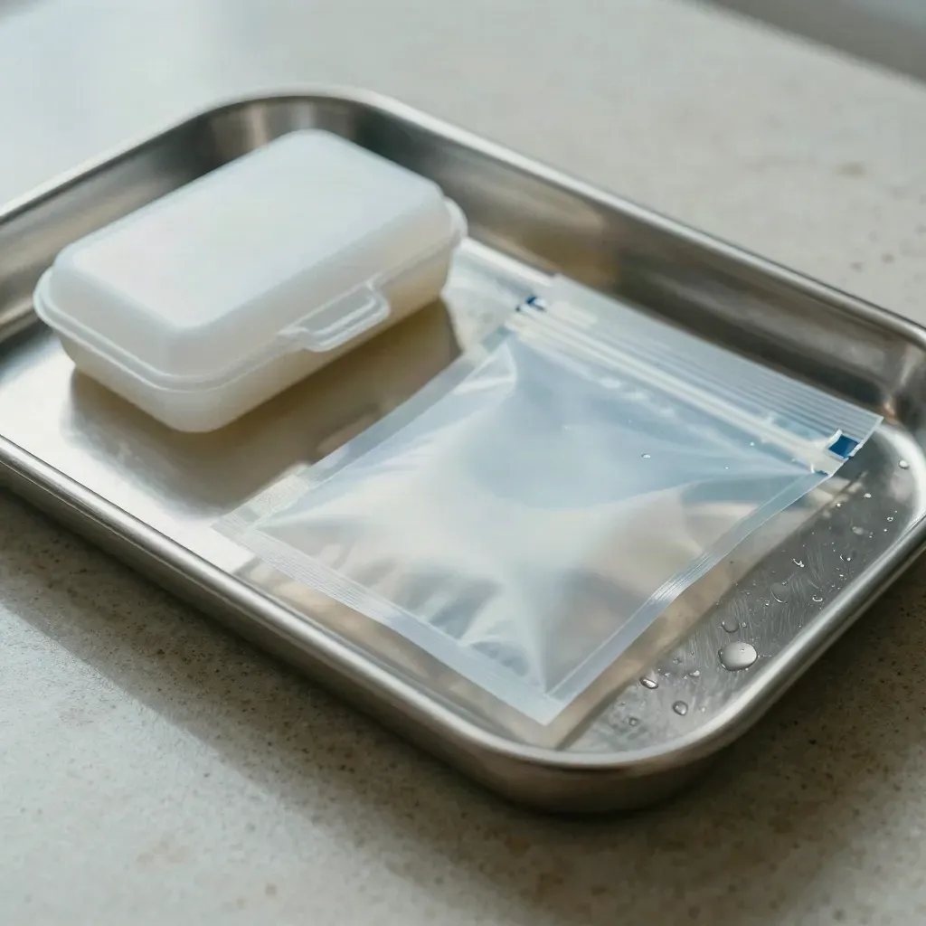 Stainless tray, sealed specimen pouch, and pill organizer on pale stone in cool hospital light.