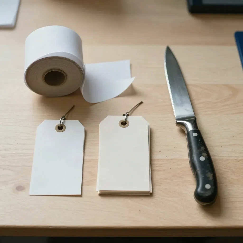 Top-down retail still life with receipt roll, face-down inventory tags, and carton knife on pale wood.