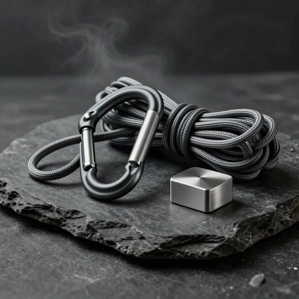 Climbing carabiner, coiled cord, and brushed aluminum puck on dark stone with mountain mist.