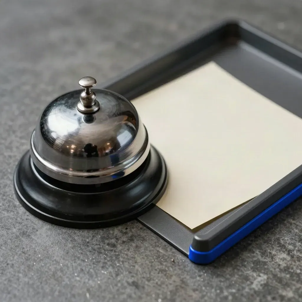Macro still life of a desk bell, face-down slip, and inbox tray on stone.