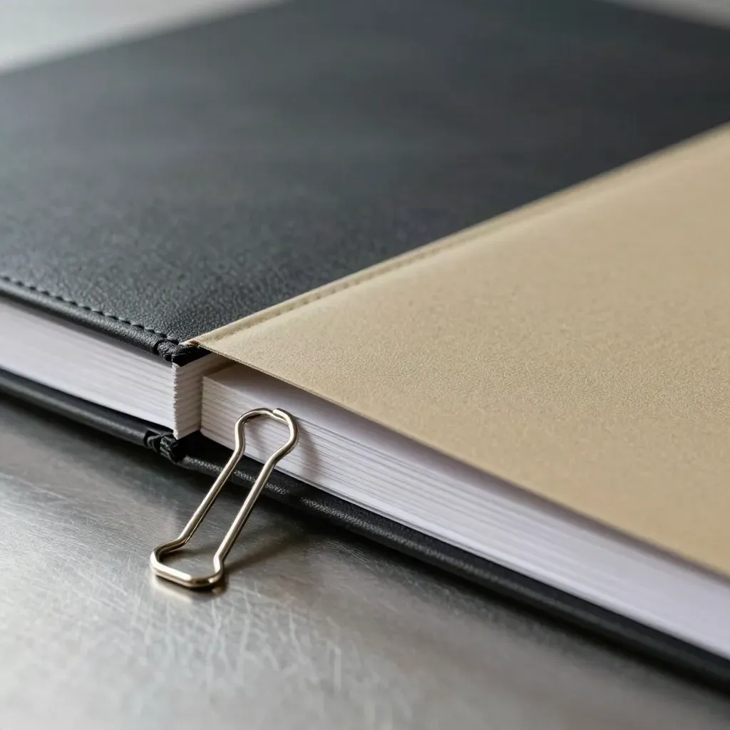 Clipped report binder and steel clips on brushed aluminum in dramatic studio light.