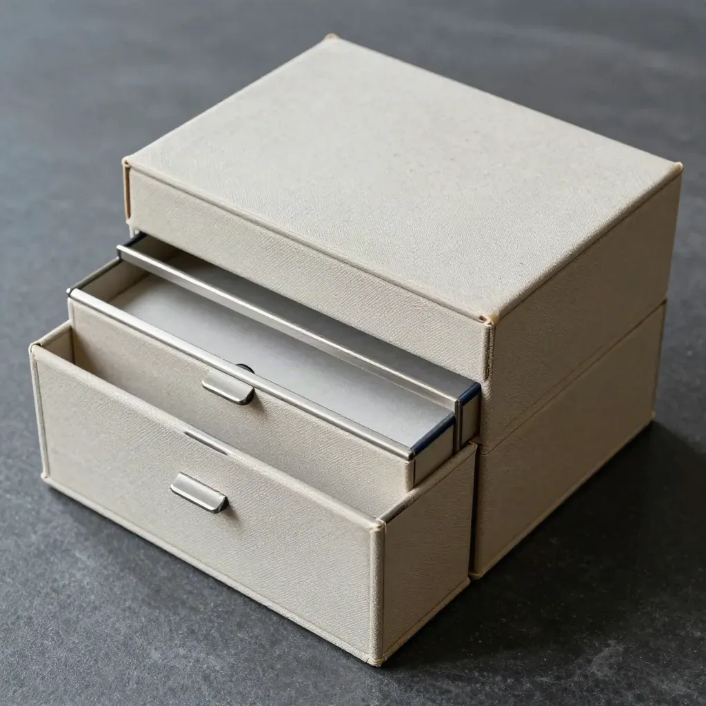 Three archival index boxes and a metal partition bar on graphite stone, overhead macro.