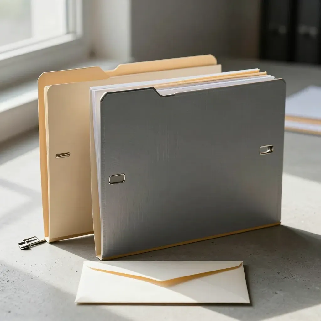 Two locked folders, clip, and duplicate envelope on pale concrete in soft daylight.