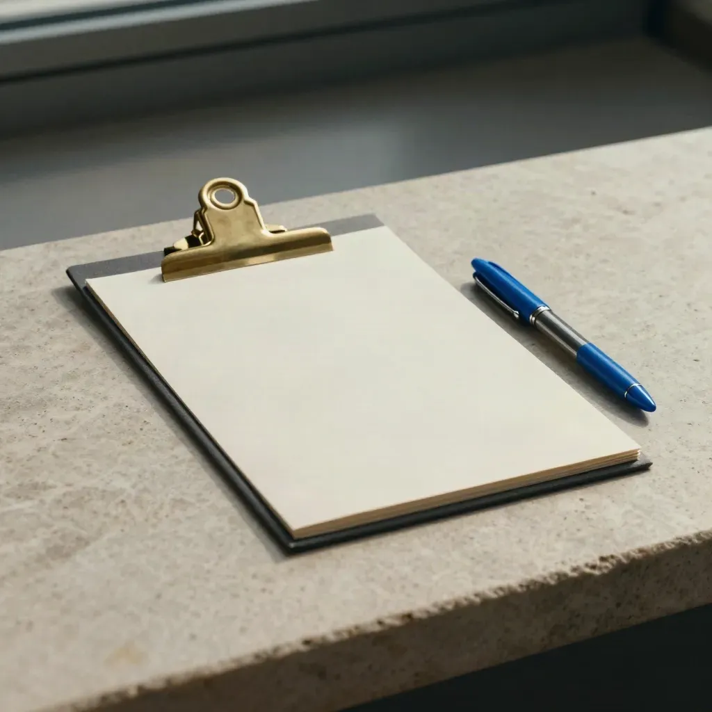 Closed campaign recap packet, brass clip, and slim blue pen on pale stone in dramatic studio light