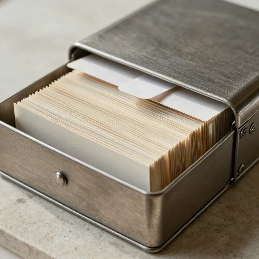Overhead macro of a metal index box with fanned cream contact cards and a white divider.