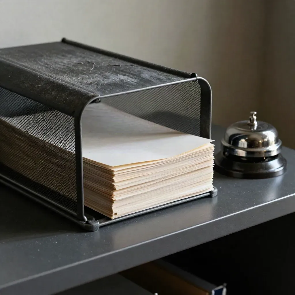 Wire press inbox, stapled routing sheets, and a slate desk bell behind a blurred file tray.
