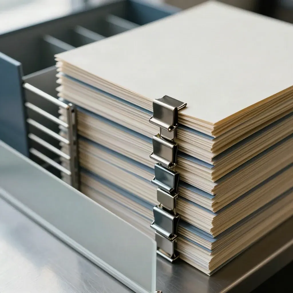 Client folders and steel binder clips beside an archival index box on brushed metal.