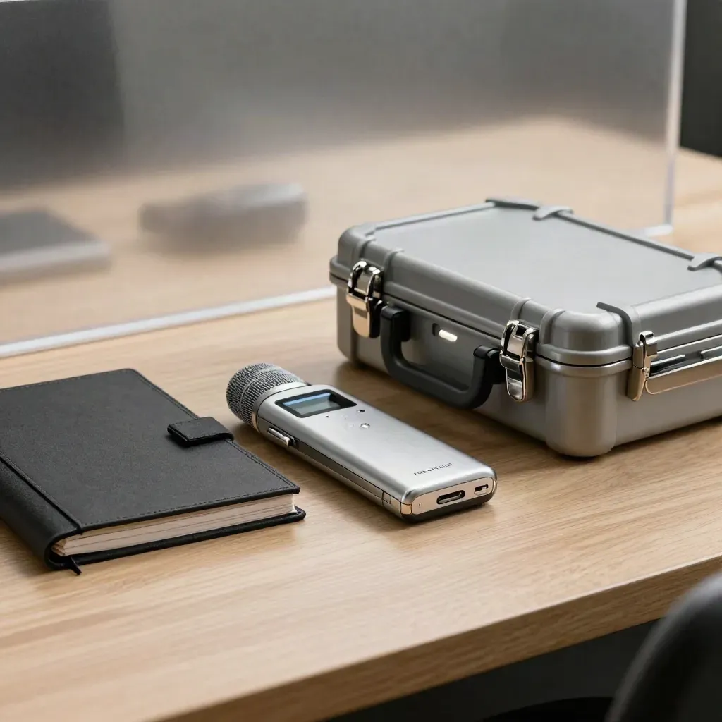 Briefing binder, portable recorder and sealed case on pale wood, seen through frosted acrylic