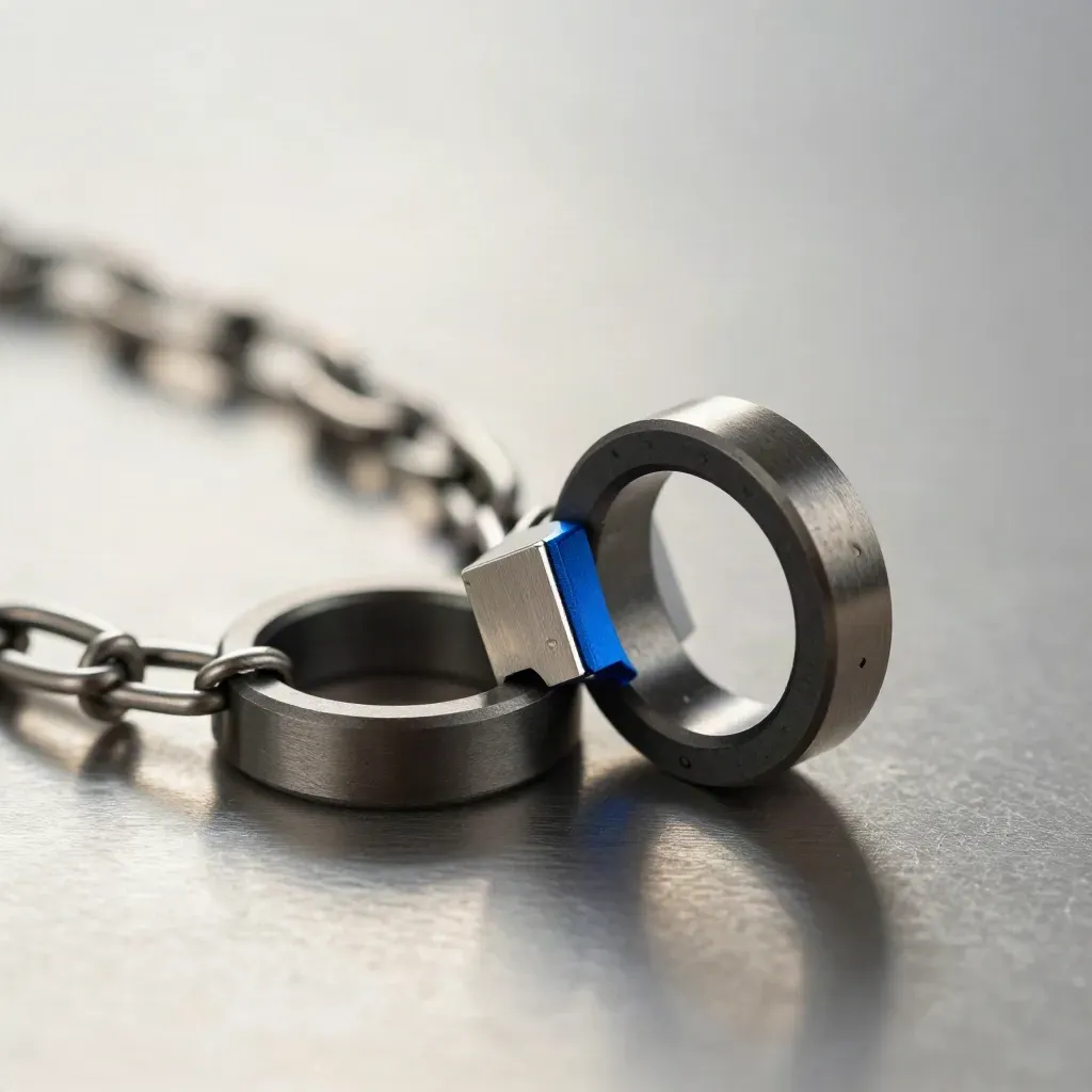 Linked metal rings and connector blocks on brushed aluminum with a blue accent