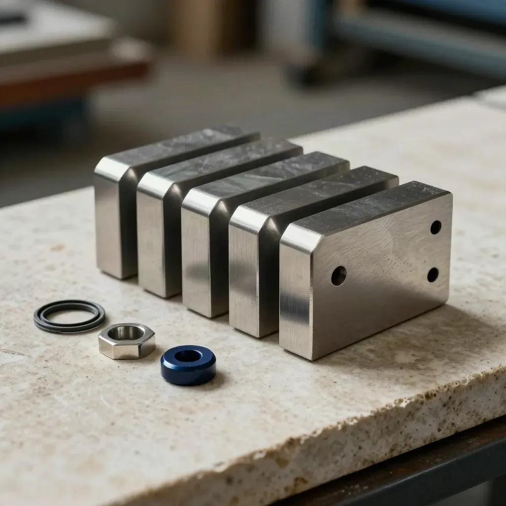 Dovetail metal plates, hex spacers and a graphite gasket on pale limestone under hard side light.