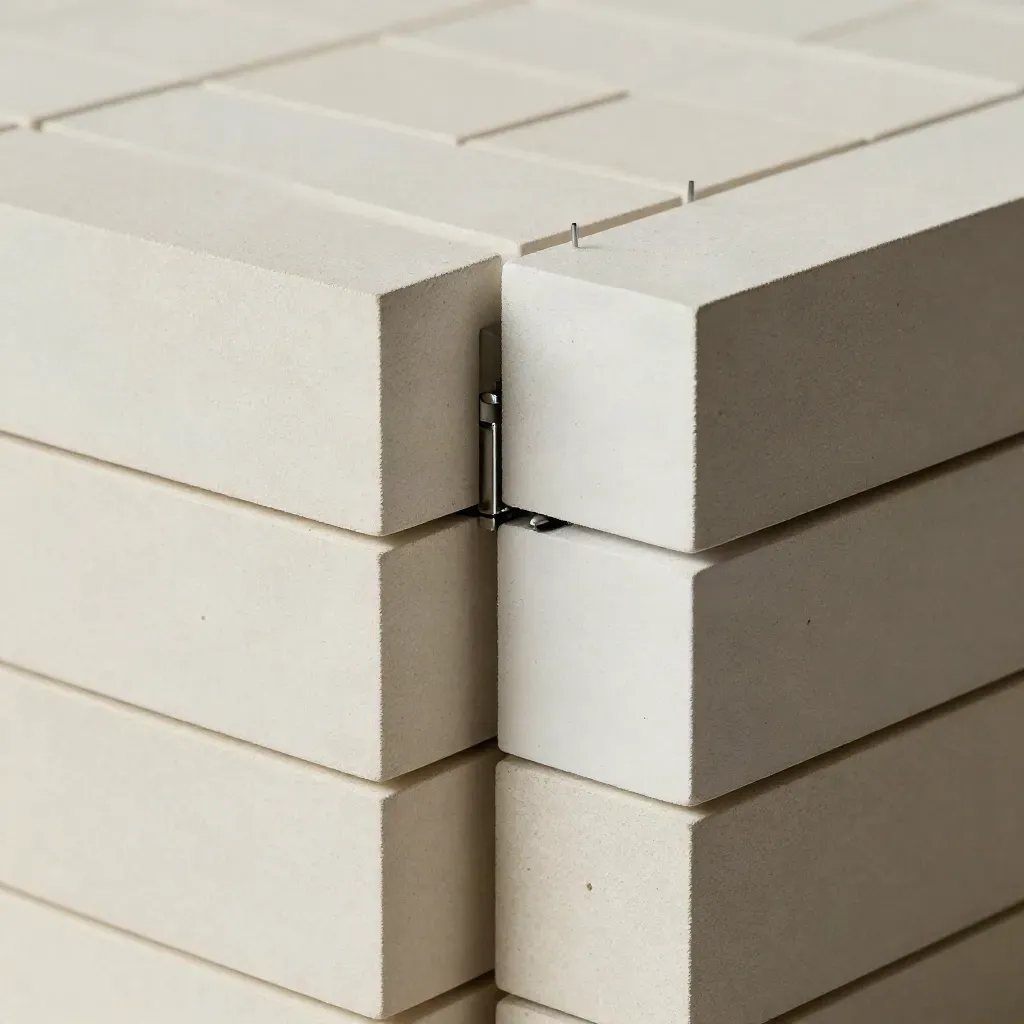 Top-down modular blocks, hinge strip and alignment pin on cream concrete, clean premium still life.