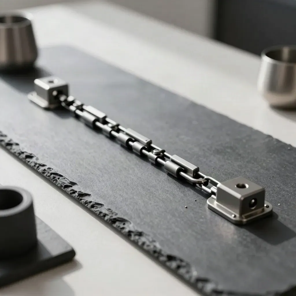 Graphite rail brackets, clip chain and modular puck arranged diagonally in soft daylight