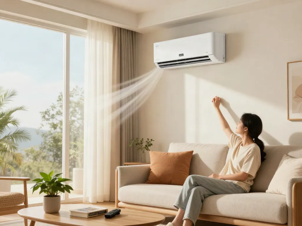 Homeowner adjusting mini split of air conditioner in a stylish living room, showcasing comfort and technology integration.